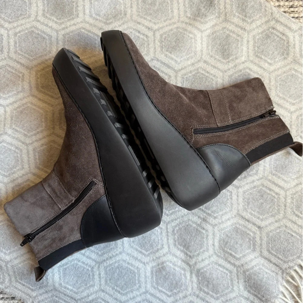 Fly London Doxe Anthracite | Black Suede Wedge Ankle Boots | Size 10 US 41 EU